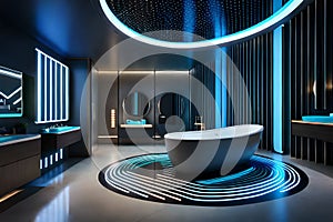 A futuristic bathroom with high-tech toilets, and touchless faucets.