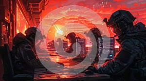 Futuristic battle scene. Group of soldiers fighting in battle with pc