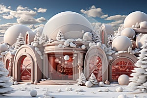 Futuristic beautiful hollidays, red christmass decoration, day time, white snow in the mountain with decorative