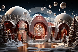 Futuristic beautiful hollidays, red christmass decoration, day time, white snow in the mountain with decorative