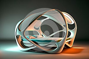 Futuristic bed home design 3D render, AI generated image. Future interior design. Bedroom in white tones. Technologies of the