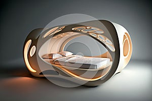 Futuristic bed home design 3D render, AI generated image. Future interior design. Bedroom in white tones. Technologies of the