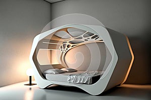 Futuristic bed home design 3D render, AI generated image. Future interior design. Bedroom in white tones. Technologies of the