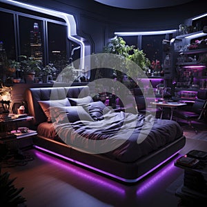 futuristic bedroom design, bathed in mesmerizing neon light, where your bedchamber transforms into a space-age oasis