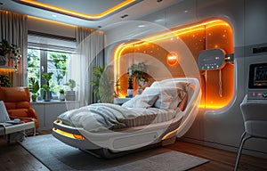 Futuristic bedroom interior with bed glowing orange light and window