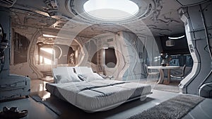 Futuristic bedroom interior with modern minimalist design and ambient lighting