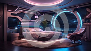 A futuristic bedroom with neon lighting. Generative AI