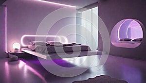 A futuristic bedroom with neon strips on the ceiling, casting a sci-fi