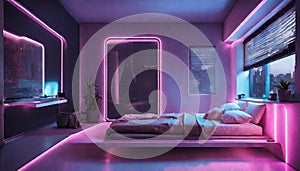 A futuristic bedroom with neon strips on the ceiling, casting a sci-fi