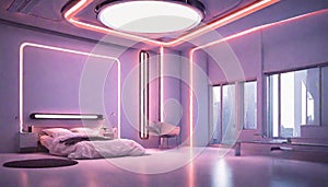 A futuristic bedroom with neon strips on the ceiling, casting a sci-fi