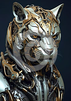 Futuristic big cat robot equipped with neon cybernetics.