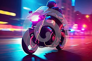 Futuristic biker retrowave sunset glitch highspeed effect concept art 3D rendering