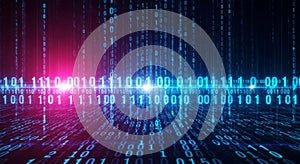 Futuristic binary code background with neon blue and pink digital data stream matrix effect