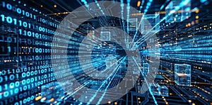 Futuristic Binary Code Data Stream and Abstract Cyber Security Background
