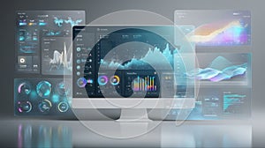 Futuristic binary code and particles on dark background