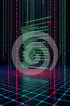 Futuristic Binary Code Stream On Digital Grid Background