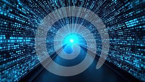 Futuristic binary code tunnel. Blue digital abstract background, lines, dots, connection. Data stream, high-tech tech. Digital