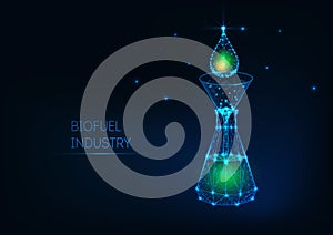 Futuristic biofuel industry concept with glowing low poly green petroleum drop, funnel, flask