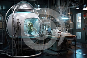 futuristic biohybrid robot in a laboratory setting