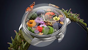 futuristic biological watch concept, where the timepiece is intricately designed with various species of insects and photo