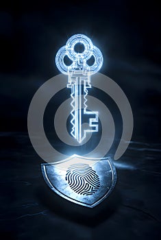 Futuristic Biometric Authentication System With Glowing Digital Key And Fingerprint Shield