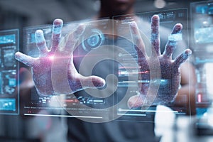 Futuristic biometric hand recognition system scanning hands for identity verification and data access