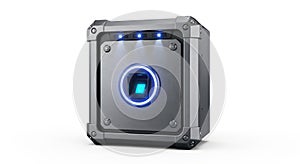 Futuristic biometric scanner with glowing fingerprint sensor on white background