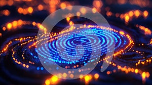 Futuristic Biometric Security Concept with Blue Fingerprint and Glowing Gold Network Design