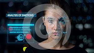 Futuristic biometrical emotions analysis. Closeup woman face biometrics research photo