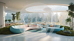 Futuristic Biophilic Coworking Lounge 3D Render at Golden Hour photo