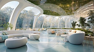 Futuristic Biophilic Coworking Lounge 3D Render at Golden Hour photo