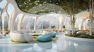Futuristic Biophilic Coworking Lounge 3D Render at Golden Hour photo