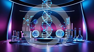 Futuristic biotechnology concept with DNA strands, molecular structures, and elements symbolizing genetic research and