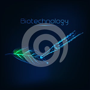 Futuristic biotechnology concept with glow low poly green leaf and dropper on dark blue.