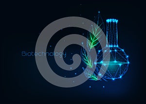 Futuristic biotechnology concept with glowing low polygonal chemical beaker and green leaves.