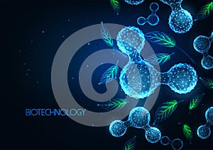 Futuristic biotechnology, green chemistry science banner concept with low polygonal molecules