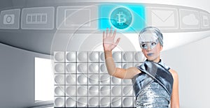 Futuristic Bitcoin BTC girl in silver touch finger screen photo