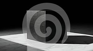 Futuristic black cube bathed in dramatic light