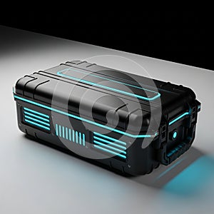 Futuristic Black Storage Case with Glowing Blue Neon Lights and Industrial Design technology