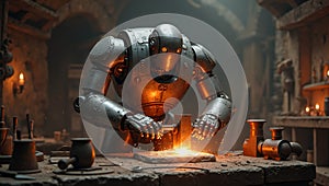 Futuristic blacksmith robot forging metal in medieval workshop
