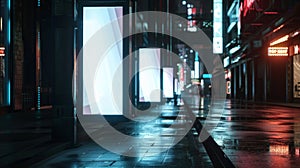 Futuristic blank mockup of holographic light post banners in a hightech urban setting. photo