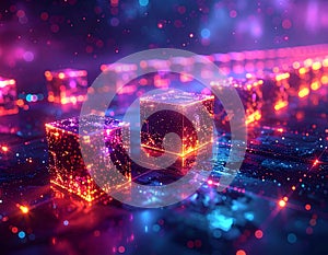 Futuristic Blockchain Data Cubes with AI Digital Network and Quantum Computing Technology Concept