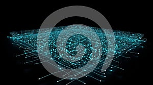 Futuristic Blockchain Network: Abstract Digital Cube, Glowing Nodes & Connection Lines. Big Data Concept, AI Technology Background