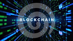 Futuristic blockchain network with glowing data streams and digital blocks