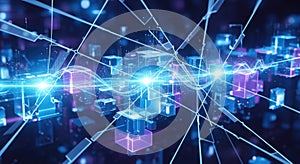 Futuristic blockchain network interconnected digital cubes global technology data flow