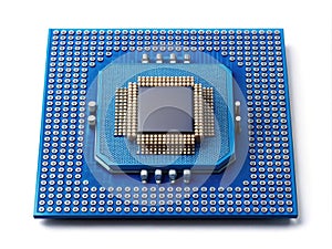 A Futuristic Blue AI Microchip: Detailed 3D Rendering of Advanced Computer Hardware for Data Processing