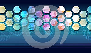 Futuristic blue background with hexagons and cogwheels. Modern hi-tech illustration