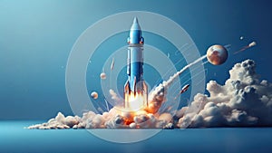 A futuristic blue background with a launched rocket symbolizing the rapid growth and progress of a startup company. photo