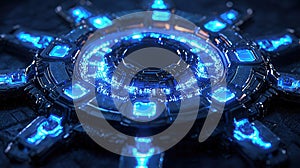 A futuristic blue circular technological device.