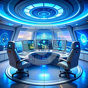 Futuristic Blue Control Room Interior with Advanced Technology Interface